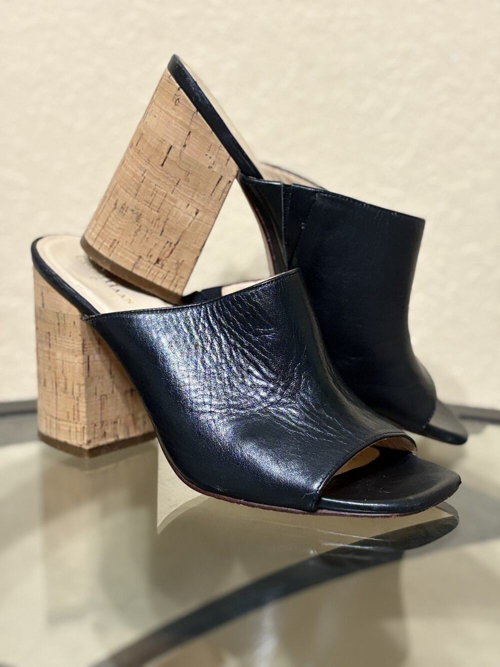 Cole Haan Luci High Heel Cork Slide Open Toe Black Shoes Side 8B